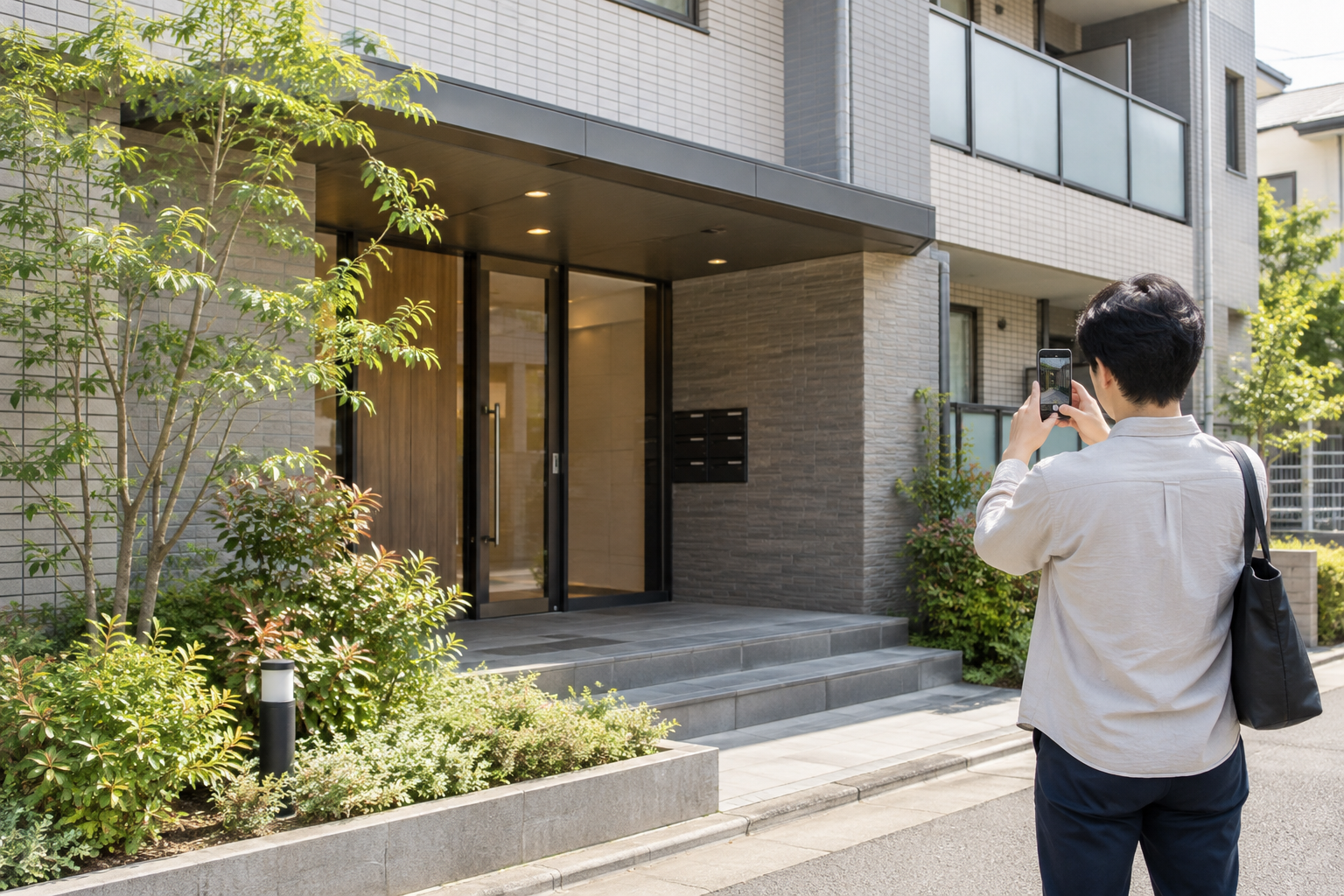 入口付近で、私服の人物がスマートフォンを構えて撮影している様子